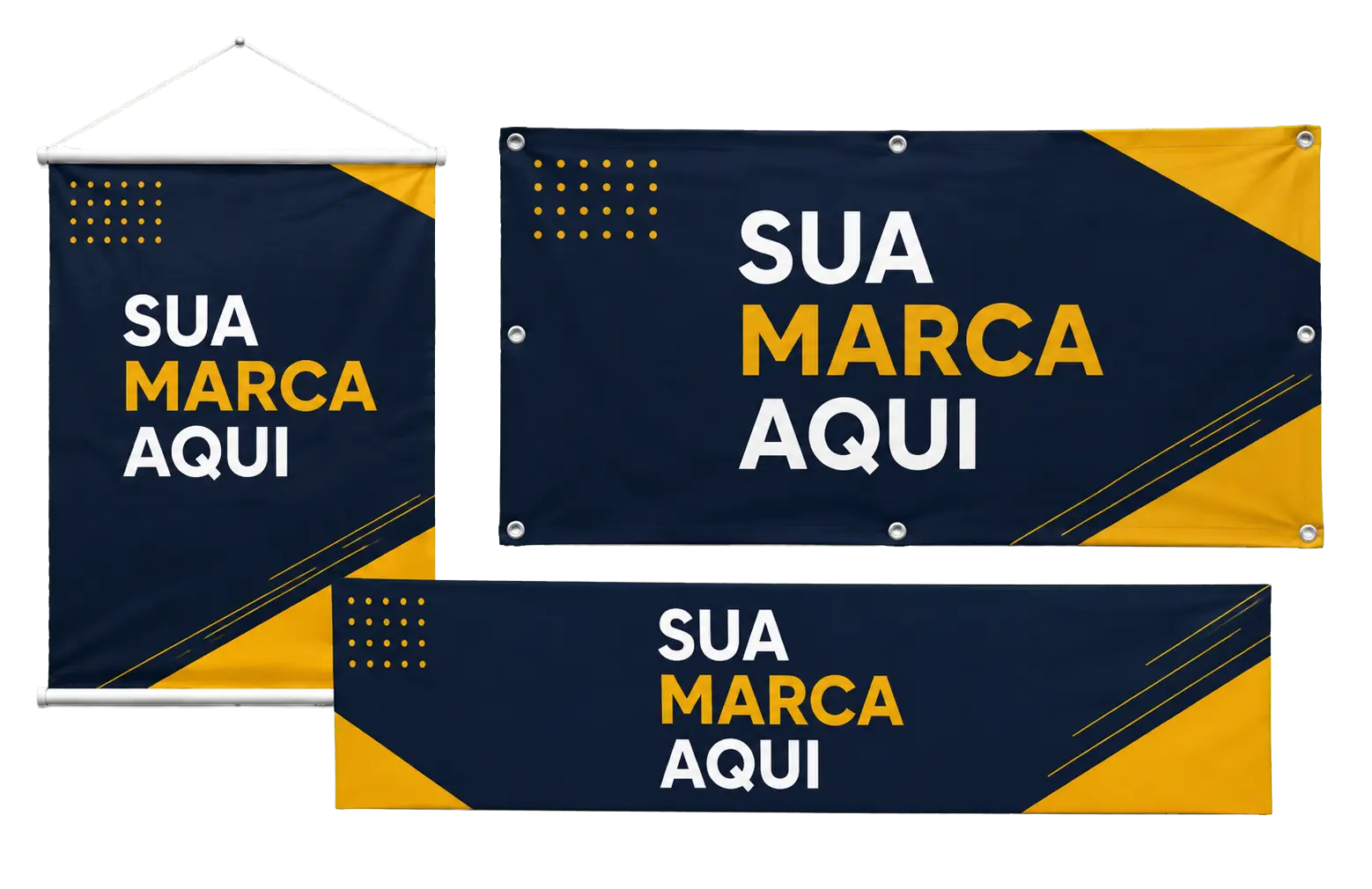Banner com bastão, painel com ilhós e faixa em lona